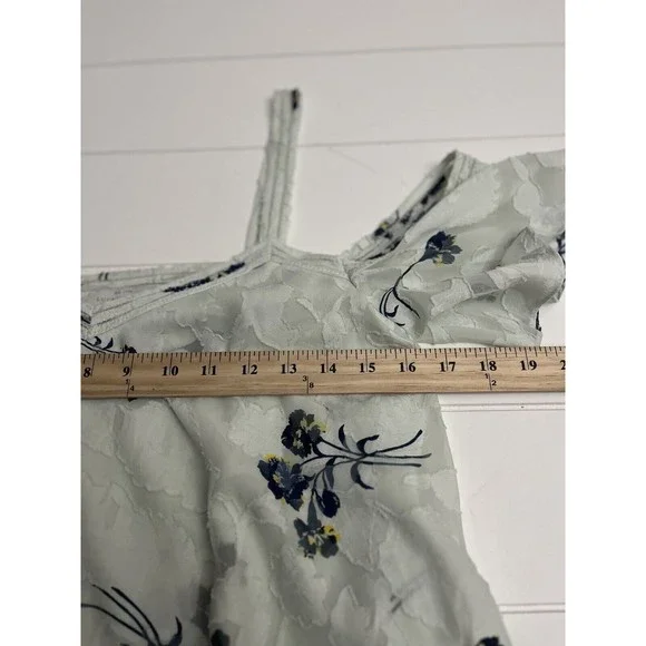 Lucky Brand Womens S Pale Green w/Blue Floral Off‎ Shoulder Layered Lined Blouse - Picture 4 of 7